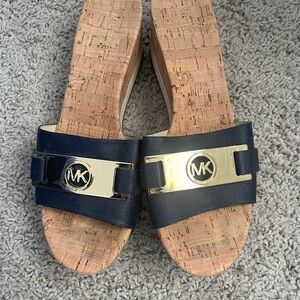 Michael Kors Navy Slide Sandals with Gold MK Plaque